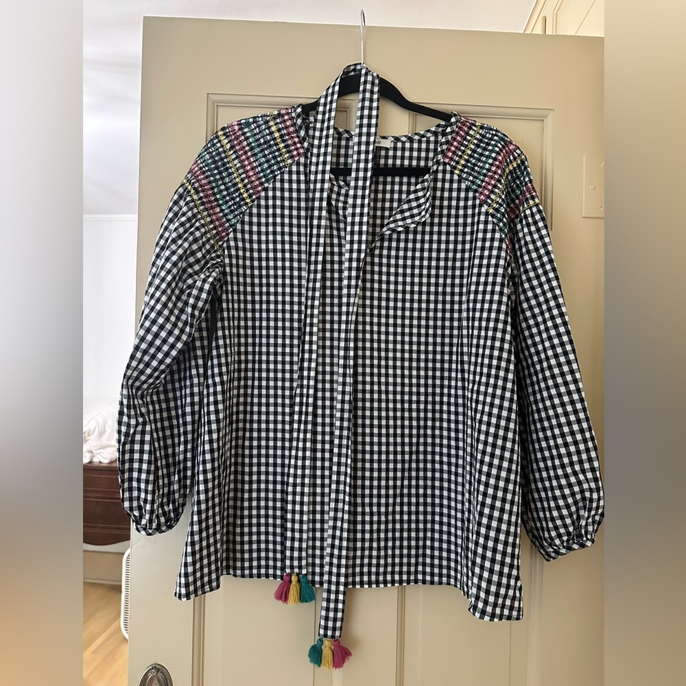 Madewell Smocked Gingham Black & White Top